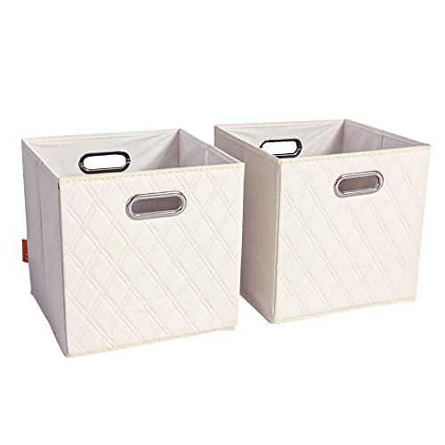 FH Group JIAessentials 12" Faux Leather Foldable Storage Cube Bins Set of 2 – Beige Diamond Patterned Organizers with Handles for Closet & Shelves - color: Beige, size: Medium
