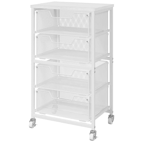 4-Drawer Rolling Storage Cart, Utility Cart with Drawers, White Metal Craft Cart Organizer with Wheels & Wooden Top, Art Supply Storage Organizer for Classroom, Office, Kitchen,Patent Pending - color: White