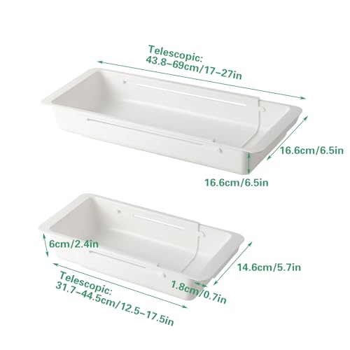 SnowTing 2 PCS Deep Drawer Organizer, 2 Sizes Expandable & Adjustable White Plastic Organizer, Sliding Drawer Storage Bins for Kitchen Utensils, Office Supplies, Cosmetics, Tools