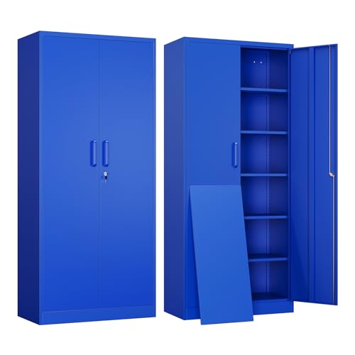 Yizosh Metal Garage Storage Cabinet with 2 Doors and 5 Adjustable Shelves - 71" Steel Lockable File Cabinet,Locking Tool Cabinets for Office,Home,Garage,Gym,School (Blue) - color: Blue, size: 71"H x 32"W x 16"D-A