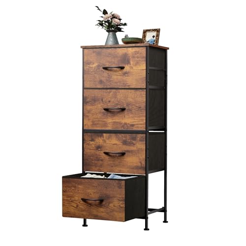 WLIVE Dresser with 4 Drawers, Fabric Storage Tower, Organizer Unit for Bedroom, Hallway, Entryway, Closets, Sturdy Steel Frame, Wood Top, Easy Pull Handle, Rustic Brown Wood Grain Print - color: Rustic Brown Wood Grain Print