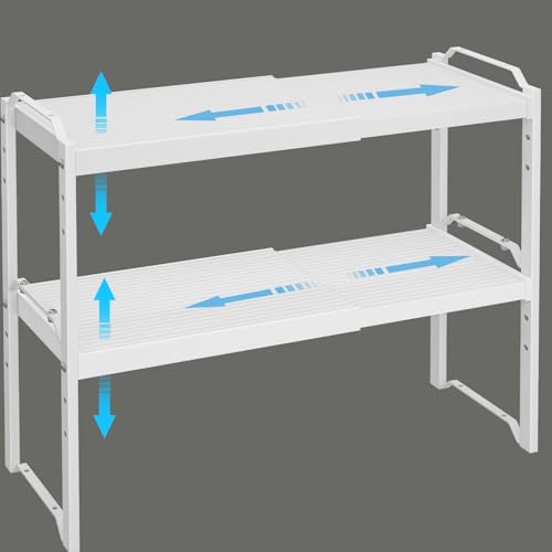 X-cosrack 2 Pack Expandable Kitchen Cabinet Shelf Organizer, Stackable Adjustable Storage Shelves for Pantry Cupboard Kitchen Counter, 20LBS Loading Capacity, Size: W*D*H=20.5 * 8.26" * 8.72" - color: White, size: 2 Pack: 12.6"-20.5"L (Material: Metal and