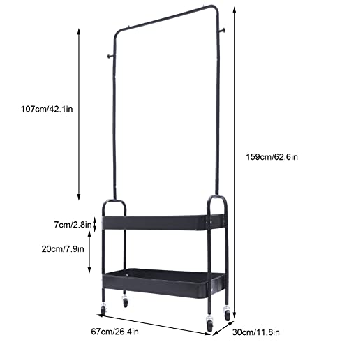2-Tiers Clothes Rack Freestanding Clothing Garment Rack with Metal Basket Rolling Storage Clothes Shelves Portable Organizer Coat Rack for Entryway Home Bedroom Laundry Small Place (Black) - color: Black
