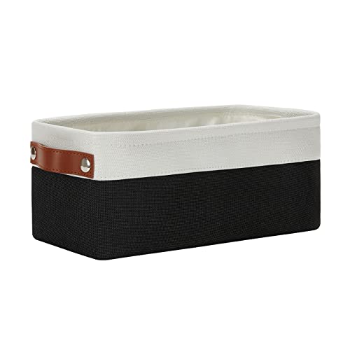 DULLEMELO Toilet Paper Storage Basket with Leather Handles, for Back of Toilet, Bathroom Storage for Towels & Paper (White & Black) - color: White&Black, size: Narrow-15"x6"x5.5"