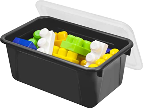 Storex Small Cubby Bins – Plastic Storage Containers for Classroom with Non-Snap Lid, 12.2 x 7.8 x 5.1 inches, Black, 5-Pack (62463U05C) - color: Black, style: Bin with Cover