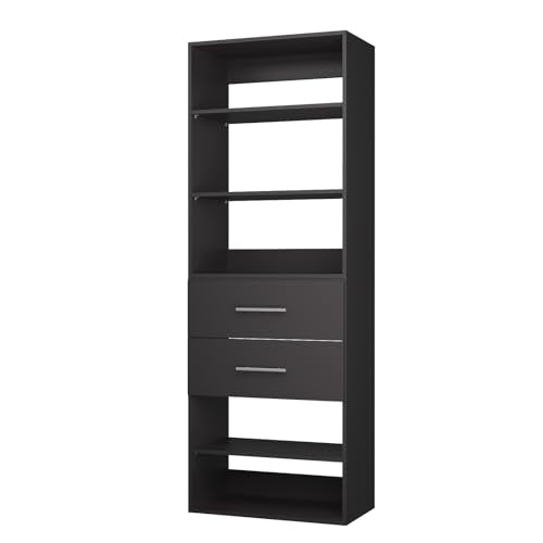 ROOMTEC Modular Closet System, 25.5" 2 Drawer Shelf Closet Tower Wall-Mounted Closet Organizer, Wooden Tower for Walk-In Closets, Wardrobe Storage Kit, Black - size: 25.5" Wide, style: Model 11