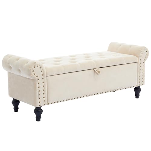 51" Storage Ottoman Bench, End of Bed Bench for Bedroom, Storage Ottomans for Foot of Bed, Chenille Upholstered Benches, Window Benches for Living Room, Entryway, Beige - color: Beige