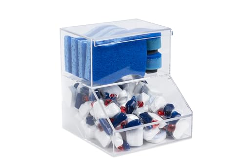 IneVibe Acrylic Dishwasher Pods & Sponge Holder w/Lids - 2 Compartment Container for Storing Detergent Tablets, Dryer Sheets, Laundry Pods for Kitchen Sink Organization