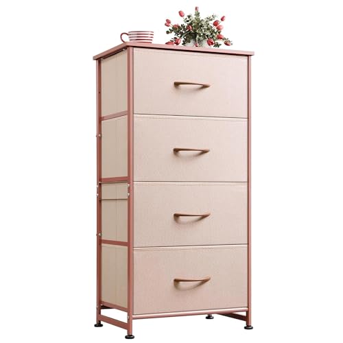 WLIVE 4 Drawers Dresser for Bedroom, Pink Rose Gold Fabric Clothes Storage Organizer Unit, Dresser for Hallway, Entryway, Closets, Sturdy Steel Frame, Wood Top - color: Pink