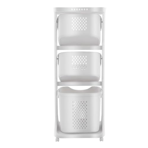 Laundry Basket 3 Tier with Wheels, Stackable Clothes Hamper Organizer, 55LBS Load Rolling Storage Cart for Bedroom, Bathroom, Laundry Room, Dormitory, White
