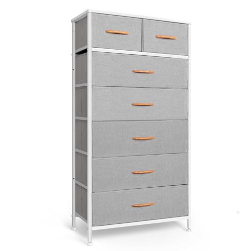 Mifuro Tall Dresser for Bedroom, Vertical Storage Organizer Tower with 7 Drawers, Chest of Drawers with Fabric Bins, Steel Frame, Wood Top for Bedroom, Closet, Entryway- Light Grey - color: Light Grey, size: 7 Drawers
