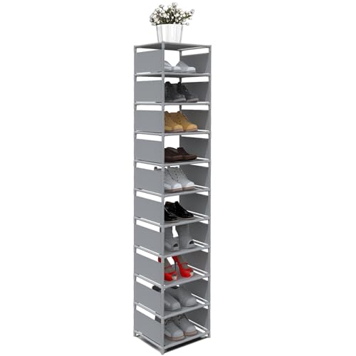10 Tier Vertical Shoe Rack - Grey Narrow Shoe Rack for Closet & Entryway, Space Saving Tall Shoe Organizer for Small Spaces, Sturdy Skinny Shoe Tower Stand for Boots & Heels, Grey - color: Grey