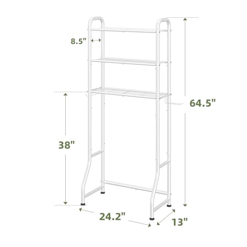 Simple Trending Over The Toilet Storage Rack, Metal 3 Tier Bathroom Organizer Shelf with Paper Holder and 3 Hooks, Freestanding Shelf Space Saver Above Toilet, White - style: 3 Tier White