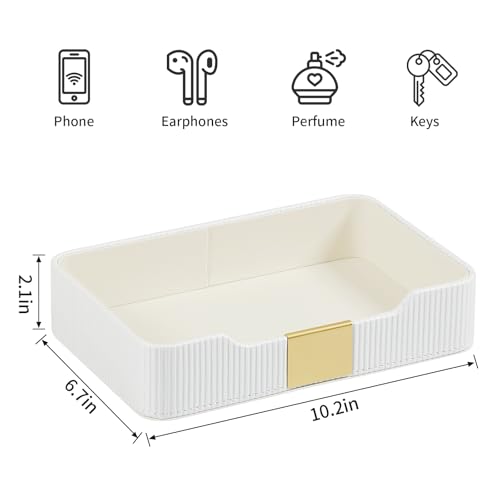 Valet Tray Desktop Storage Organizer, PU Leather Catchall Bedside Vanity Tray with Brass Accents Block Nightstand Organizer for Keys Watch Wallet Phone, Decorative Nightstand Storage (White) - color: White