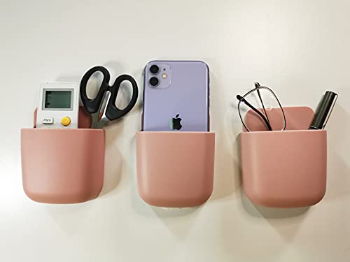 3 Pack Remote Control Holder Wall Mount Holders Hole-Free Phone Charging Organizer Pen Storage Containers For Home Office School Supply Storage (Dark Pink) - color: Dark Pink