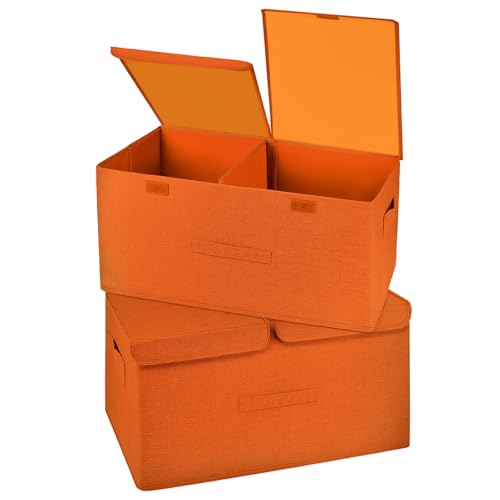 2 Pack Storage Boxes with Lids and Handles, Collapsible Linen Storage Bins Organizer Containers Baskets Cube with Removable Divider for Home Bedroom Closet Office (Orange, Large) - color: Orange, size: Large