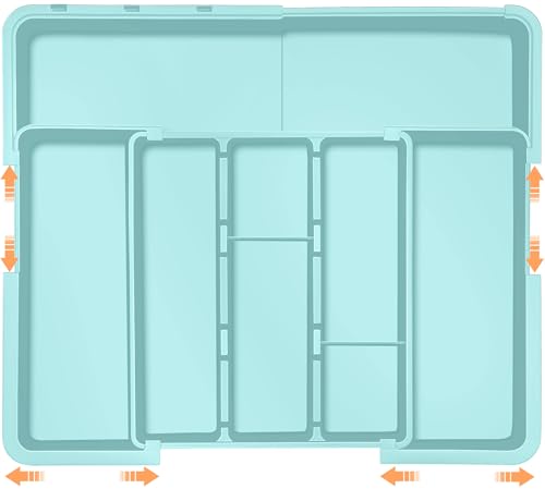 Large Utensil Drawer Organizer Expandable Silverware Organizer for Kitchen Drawer Adjustable Cooking Utensil Holder Cutlery Flatware Tray Spatula Tools Gadgets Storage Dividers Plastic Turquoise - color: Turquoise
