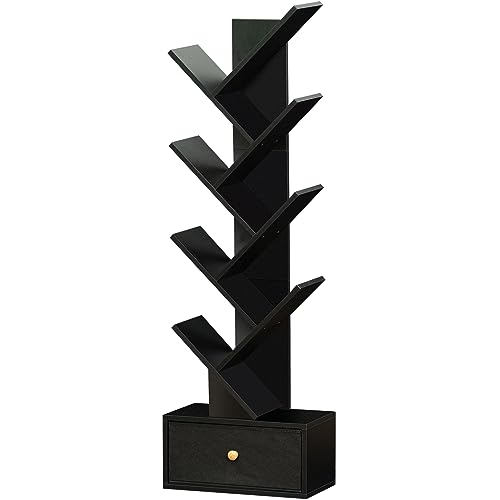 SHEEPAM 8 Tier Tree Bookshelf with Drawer, Free Standing Wood Bookcase for Living Room, Bedroom, Home Office, Space Saving Storage Organizer Bookshelves for Books, CDs, Vinyl Records- Black - color: Classic Black, size: 8 Tier
