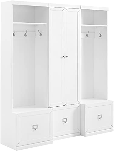Crosley Furniture Harper 3-Piece Hall Tree and Storage Cabinet Set with Entryway Bench and Hooks for Hanging, White - color: White