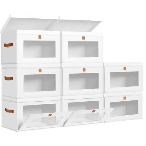 DIMJ Storage Bins with Lids - 8 Pack Large Fabric Closet Organizer with Window & Handles, Collapsible Decorative Storage Boxes for Shelves Under Bed, Books Clothes Blankets Sweaters Organization - color: White, size: Large-8 Pack