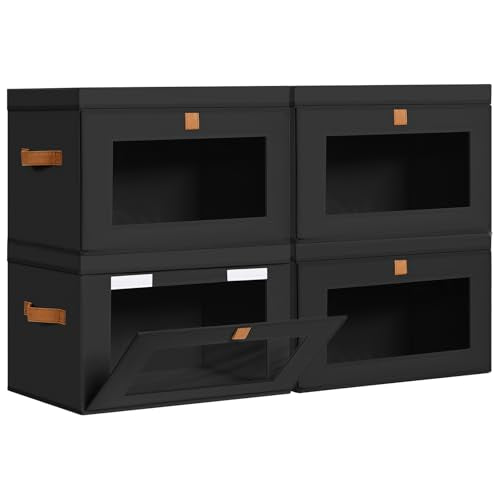 DIMJ Storage Bins with Lids - 4 Pack Large Fabric Closet Organizer with Window & Handles, Collapsible Decorative Storage Boxes for Shelves Under Bed, Books Clothes Blankets Sweaters Organization - color: Black, size: Large-4 Pack