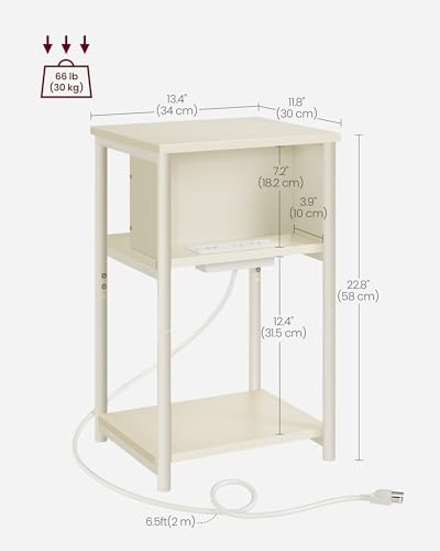 VASAGLE Side Table with Charging Station, 3-Tier End Table with USB Ports and Outlets, Nightstand for Living Room, Bedroom, 11.8 x 13.4 x 22.8 Inches, Plug-in Series, Cream White - color: Cream White