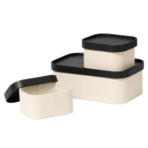 LA JOLIE MUSE Fluted Cardboard Storage Baskets with Leather-Like Lids, Sturdy Stackable Paper Boxes Decorative Tray, Black & Beige, Set of 3 - color: Beige & Black