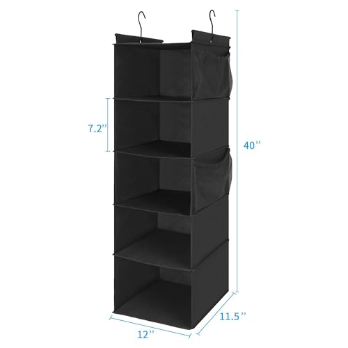 MAX Houser 5-Shelf Hanging Closet Organizer,Space Saver, Cloth Hanging Shelves with 4 Side Pockets,Foldable, Black - color: Black