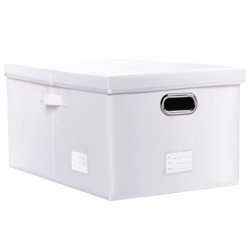 PRANDOM Collapsible Storage Box with Lid [1-Pack] Leather Fabric Foldable Storage Bin Organizer Container Basket Cube with Cover for Home Bedroom Closet Office Nursery White (22.8X15.7X11.8) - color: White, size: X-Large(1-Pack)