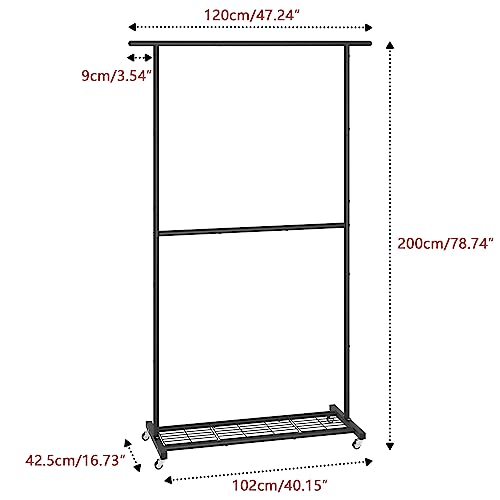 Sywhitta Double Rod Clothing Garment Rack, Rolling Coat Hanger with Bottom Mesh, Clothing Rack for Hanging Clothes, Coats, Skirts, Sweaters, Black - color: Black, size: With mesh