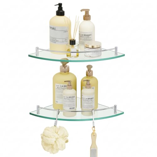 KES Glass Corner Shelf with Hooks 18/8 Stainless Steel, Tempered Glass Bathroom Corner Shelf with Rail, Shower Glass Shelf 2 Pack Wall Mounted, Polished Finish, BGS2101A-P2 - color: Polished Finish