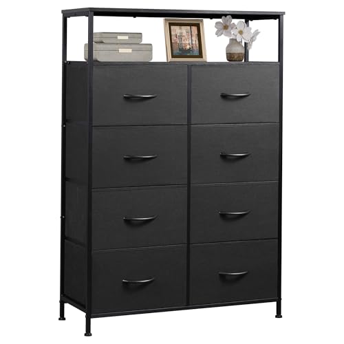 WLIVE Fabric Dresser for Bedroom with Open Shelves, Tall Black Dressers with 8 Drawers, Storage Tower with Fabric Bins, Chest of Drawers for Closet, Living Room, Hallway - color: Charcoal Black, style: Raised Shelves