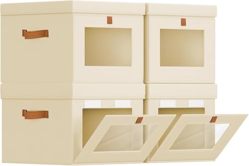 Homsorout Storage Bins with Lid – Closet Organizer with Side Opening and Clear Window, Foldable Stackable Fabric Basket for Clothes, Home, Office - 13.77" x 11.8" x 9.8", 4 Pack, Beige - color: Beige, size: 13.7 Inch-4 Pack