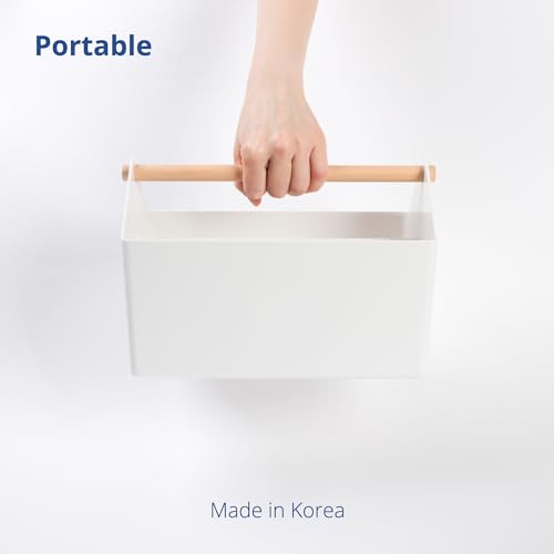 BLUE GINKGO Medium Storage Basket – Plastic Caddy with Wooden Handle for Office, Arts & Crafts, or Home Supplies (White) - color: WHITE, size: Medium