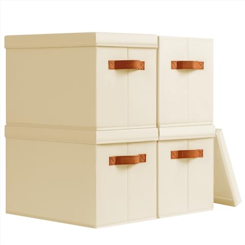 Homsorout Storage Bins with Lids - Fabric Storage Baskets for Shelves, 4 Pack Foldable Decorative Boxes with Handles, Stackable Organizer Bins for Home, Nursery, Dorm, Beige - color: Beige, size: L(4-Pack)