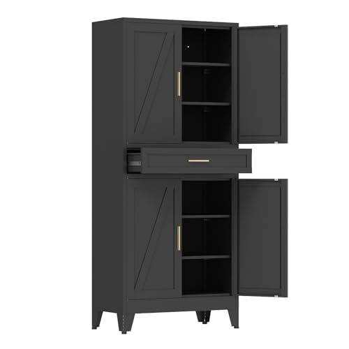 COFaR 71'' Tall Metal Pantry Cabinet with Drawer, Kitchen Storage Cabinet with 4 Doors and Shelves, Freestanding Farmhouse Food Cupboard for Kitchen Dinning Room Garage, Black 6-Tier - color: Black, size: 71 Tall 4 Doors 1 Drawer-Tree Door