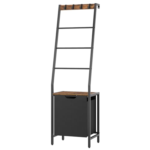MAHANCRIS Blanket Ladder, 4-Tier Towel Rack with Pull-Out Laundry Basket & Removable Hooks, Ladder Shelf Stand, Wall-Leaning Blanket Rack for Living Room, Bedroom, Rustic Brown and Black TRHR4401