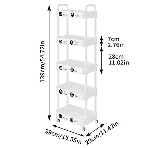 Laiensia 5-Tier Rolling Cart with Wheels,Multifunction Utility Storage Carts, Kitchen Storage Organizer,Mobile Shelving Unit for Bathroom,Laundry,with Classified Stickers,White - color: White, size: 5-Tier