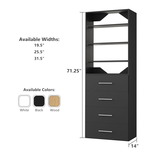 ROOMTEC Modular Closet System, 31.5" 4 Drawer Shelf Closet Tower Wall-Mounted Closet Organizer, Wooden Tower for Walk-In Closets, Wardrobe Storage Kit, Black - size: 31.5" Wide, style: Model 8