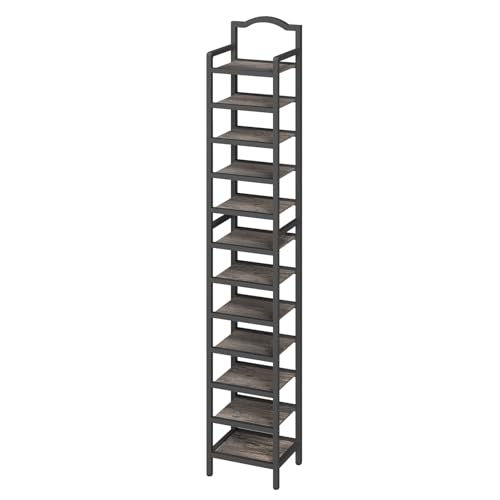 YATINEY 12-Tier Tall Shoe Rack, Vertical Shoe Organizer for Small Spaces, Wooden Shoe Shelf for Entryway, Space Saving Shoe Storage, Holds 12 Pairs of Shoes, Charcoal Gray and Black SS52BC - color: Charcoal + Black, size: 11" x 11" x 85.8"