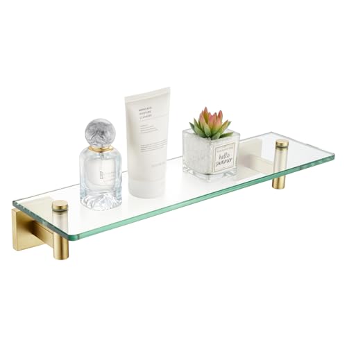 KOKOSIRI Wall Shelves Floating Shelf 16'' Stainless Steel Bathroom Hardware Tempered Glass Small Hanging Rack for Storage/Room Decor Gold B1105BG-L16 - color: Brushed Gold, size: 16-Inch