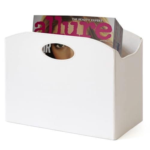 EZDeco Magazine Holder Foldable Magazine Rack Floor PU Leather File Holder Newspaper Book Storage Basket Document File Folder Organizer for Office Home (White-1) - color: White-1