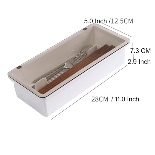 White Flatware Tray Kitchen Drawer Organizer With Lid And Drainer - Plastic Kitchen Cutlery Tray and Utensil Storage Container with Cover - 11.0 Inch Silverware Holder Drawer Organizer - color: White