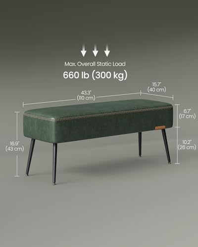 VASAGLE EKHO Collection - Bench for Entryway Bedroom, Synthetic Leather with Stitching, Ottoman Bench with Steel Legs, Living Room, Mid-Century Modern, Loads 660 lb, Forest Green ULOM076C01 - color: Forest Green, style: Steel Leg Bench