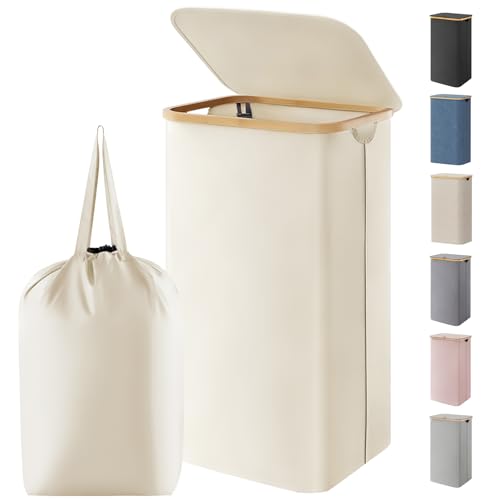 Lifewit 100L Laundry Basket with Lid, Clothes Hampers for Laundry with Bamboo Handles and 1 Removable Bag, Large Foldable Laundry Hamper for Bedroom, Bathroom, Dorm, Laundry Room, White - color: White, size: 100L
