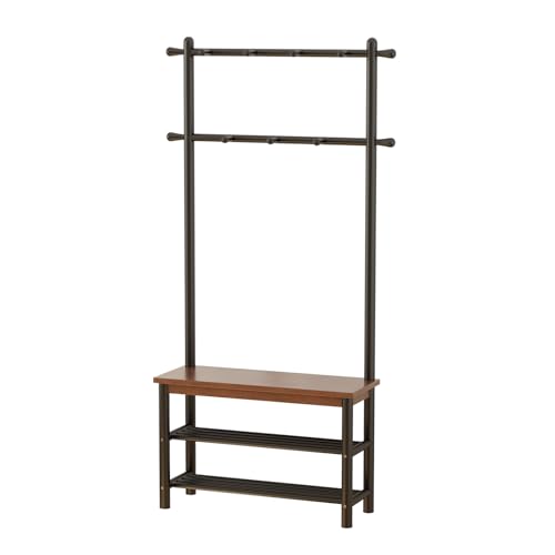 Coat Rack with Shoe Storage, Wood and Metal Frame, Entryway Hall Tree with Bench, Featuring 11 Hooks and 2-Tier Storage Shelves, 3-in-1, Entry Bench with Coat Rack (31.5" Walnut) - size: 80