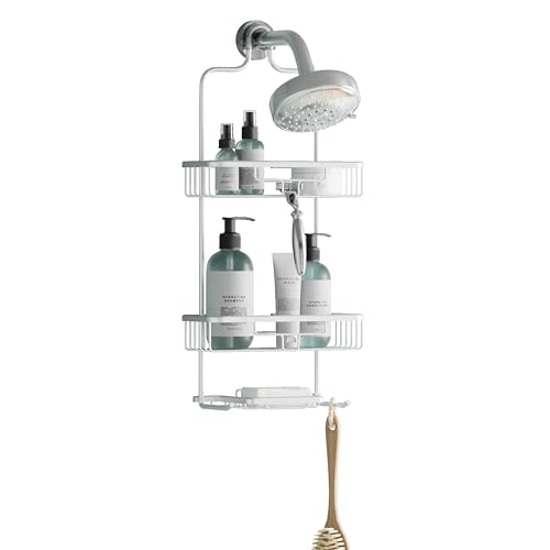 Zenna Home Rustproof Hanging Shower Caddy, Over the Shower Head Caddy with 2 Shelves and Built In Hooks, Aluminum Bathroom Hanging Organizer, Satin Chrome - color: Satin Chrome