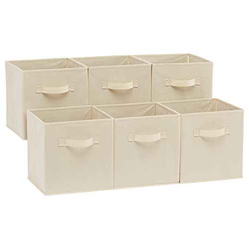 Amazon Basics Collapsible Fabric Storage Cubes Organizer with Handles, Sturdy Storage Bins for Organization, 10.5" x 10.5" x 11", Beige, 6-Pack - color: Beige, size: 10.5"x10.5"x11"