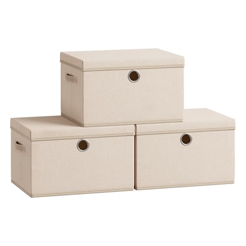 SONGMICS Storage Bins with Lids, 3 Pack Stackable Fabric Storage Boxes, Odorless PP Sheets, Foldable Cube Baskets Organizers with Handles, 15.7 x 11.8 x 9.8 Inches, Summer Sand URFB540LF01 - color: Summer Sand, size: 15.7"L x 11.8"W x 9.8"H