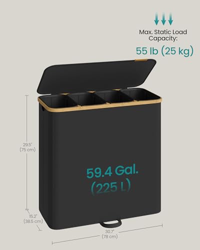 SONGMICS Laundry Hamper, Laundry Sorter with Lid, Storage Basket Bin, Removable Liners, Bamboo Frame, for Bedroom, 4 Sections, 59.4 Gallon (225 L), Ink Black ULCB534BH01 - color: Ink Black, size: 225 L (4-Section)